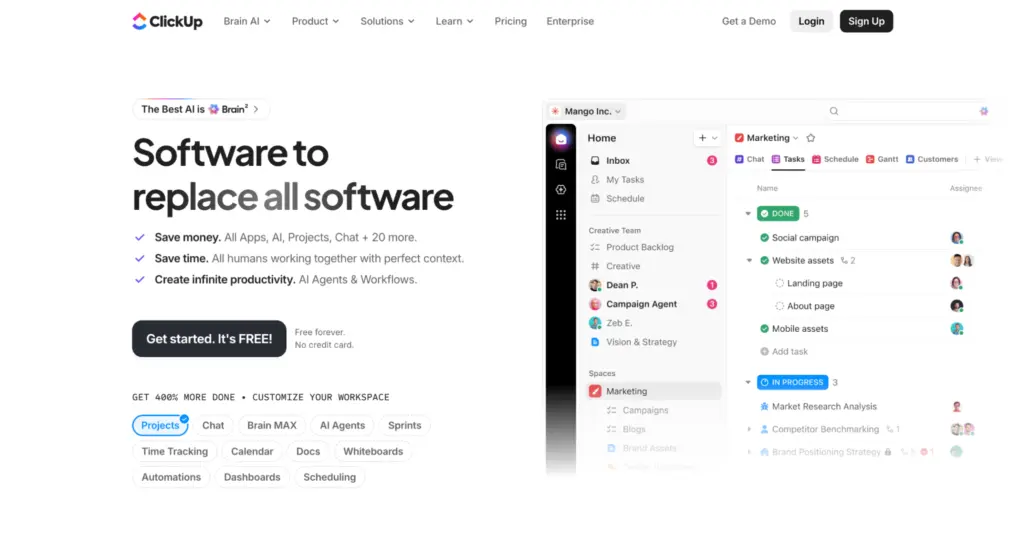 ClickUp is one of the best personal project management tools for organizing tasks and workflows.